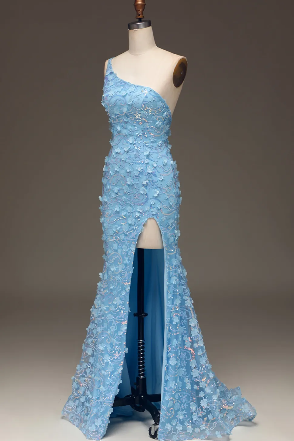 Sereia Azul Clara Um Ombro Lado Fenda Vestido de Baile de Lantejoulas com Apliques