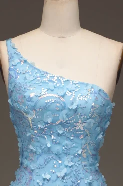 Sereia Azul Clara Um Ombro Lado Fenda Vestido de Baile de Lantejoulas com Apliques