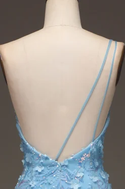 Sereia Azul Clara Um Ombro Lado Fenda Vestido de Baile de Lantejoulas com Apliques