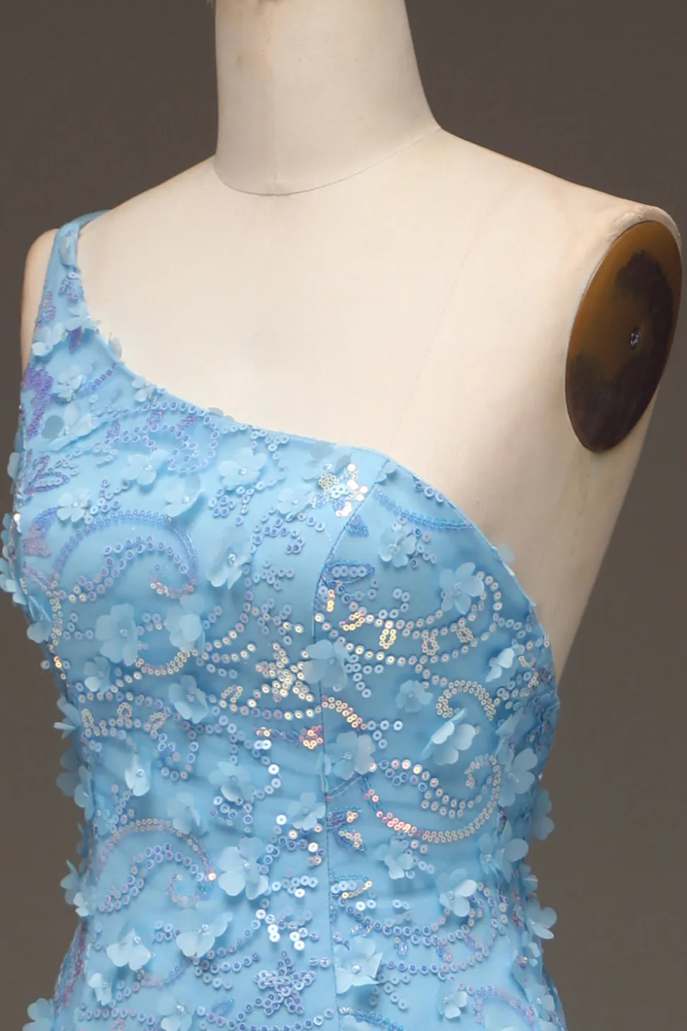 Sereia Azul Clara Um Ombro Lado Fenda Vestido de Baile de Lantejoulas com Apliques