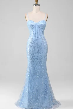 Sereia azul claro brilhante lantejoulas longo espartilho vestido de baile