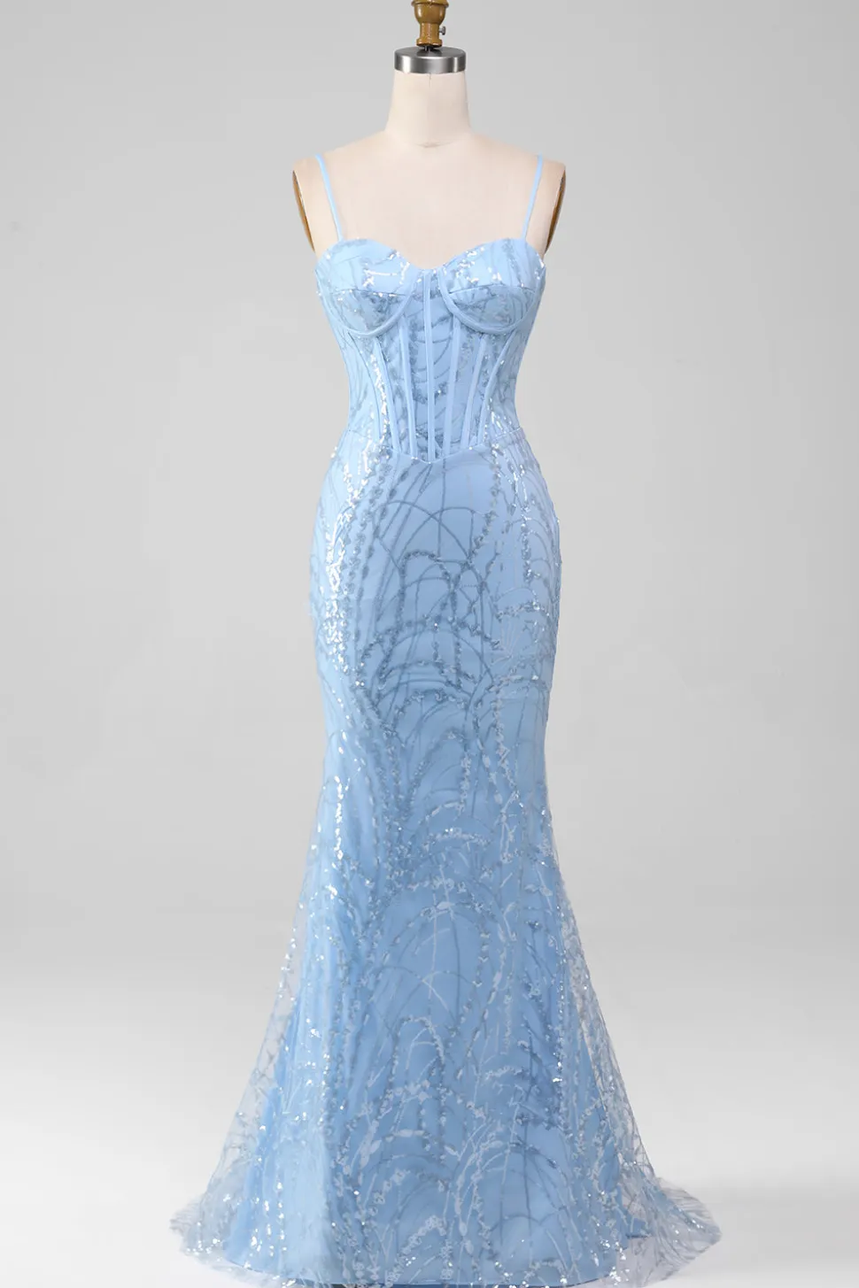 Sereia azul claro brilhante lantejoulas longo espartilho vestido de baile