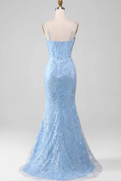 Sereia azul claro brilhante lantejoulas longo espartilho vestido de baile