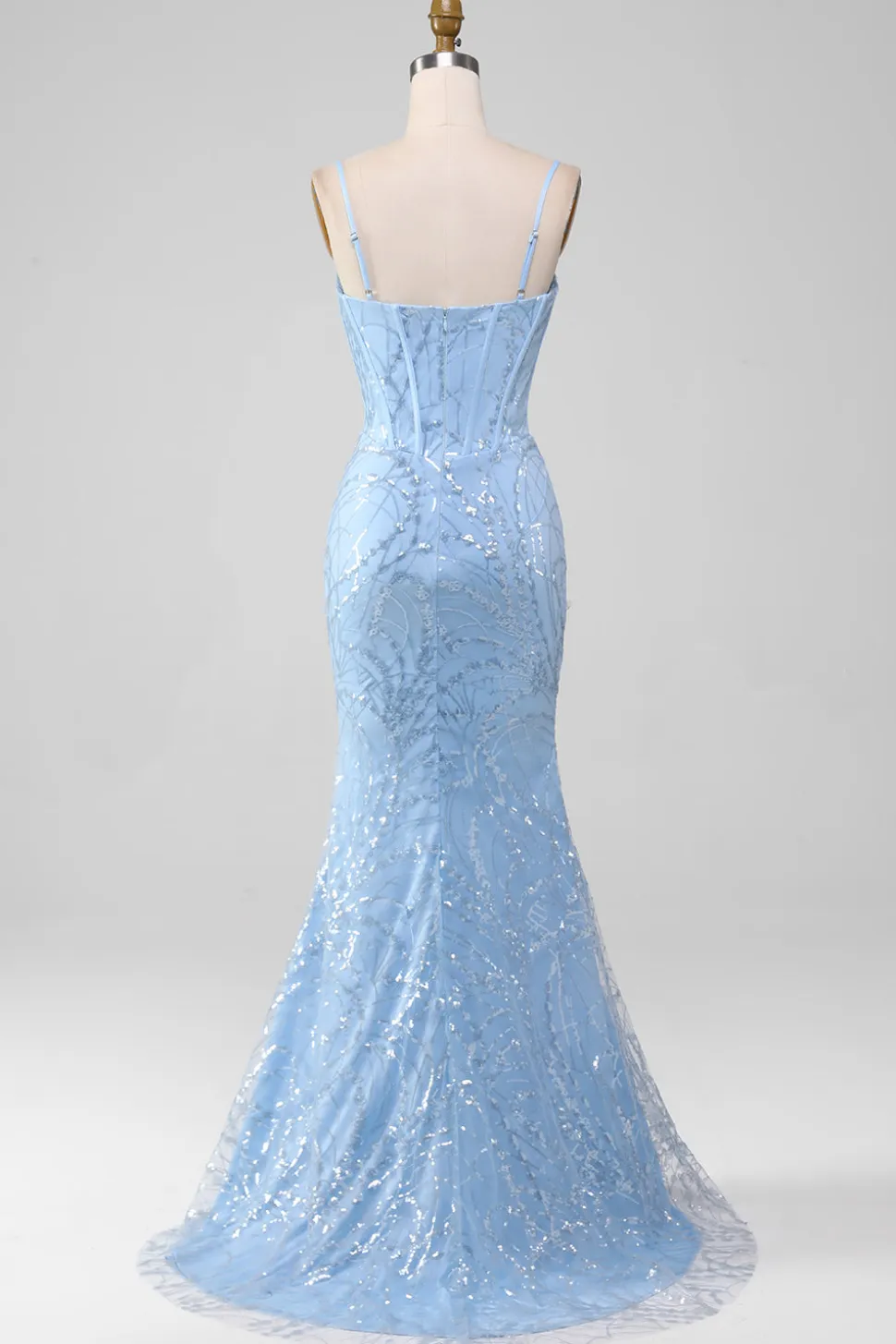 Sereia azul claro brilhante lantejoulas longo espartilho vestido de baile