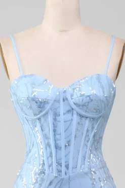 Sereia azul claro brilhante lantejoulas longo espartilho vestido de baile
