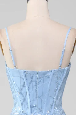 Sereia azul claro brilhante lantejoulas longo espartilho vestido de baile