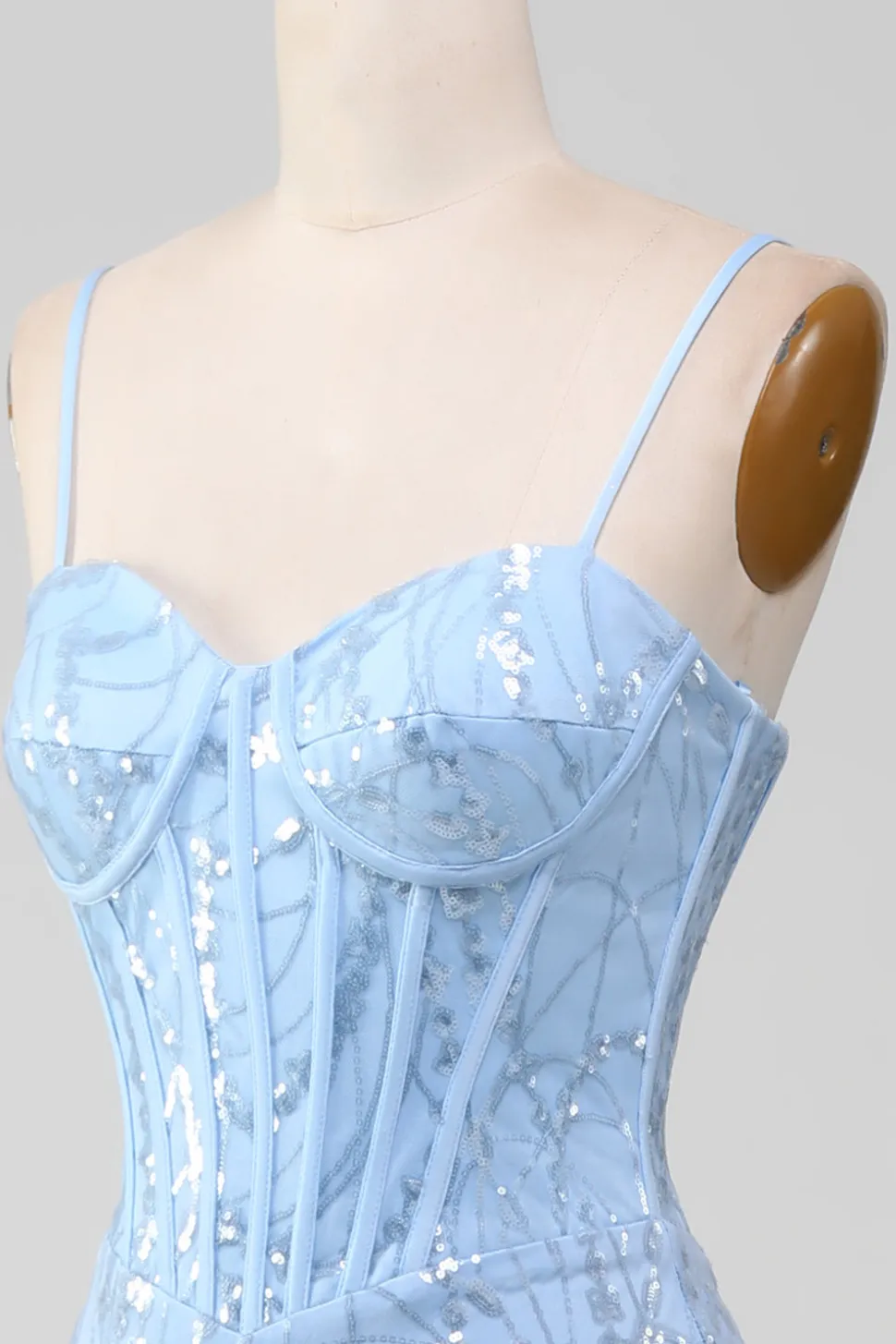 Sereia azul claro brilhante lantejoulas longo espartilho vestido de baile