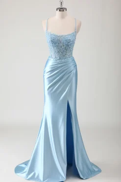 Sereia Azul Corset Espaghetti Correias Appliqued Long Prom Dress