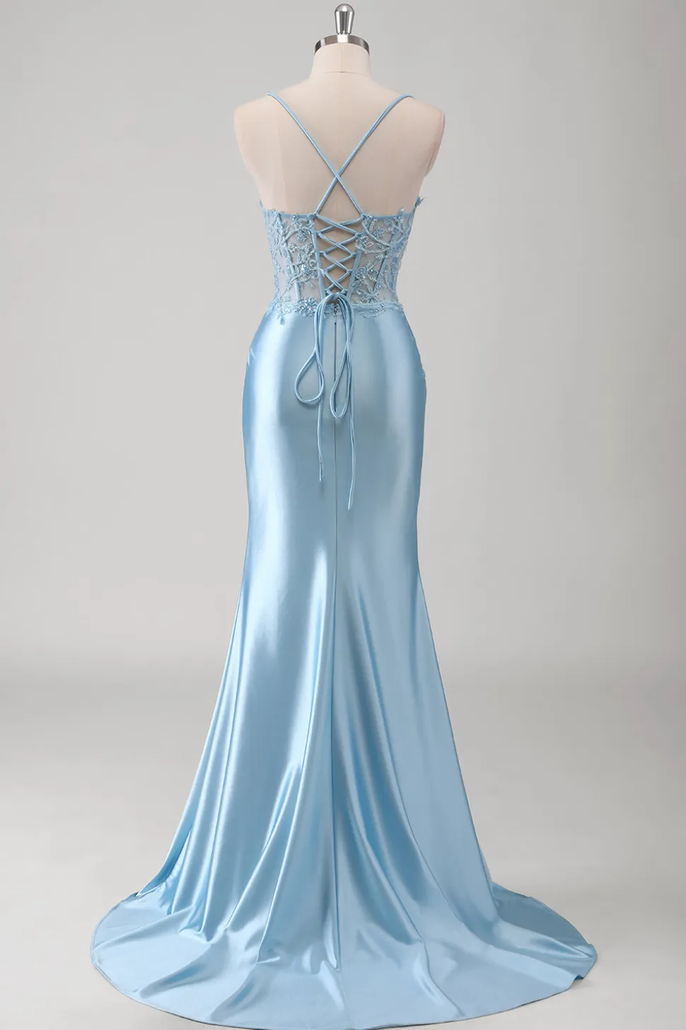 Sereia Azul Corset Espaghetti Correias Appliqued Long Prom Dress