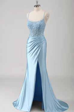 Sereia Azul Corset Espaghetti Correias Appliqued Long Prom Dress