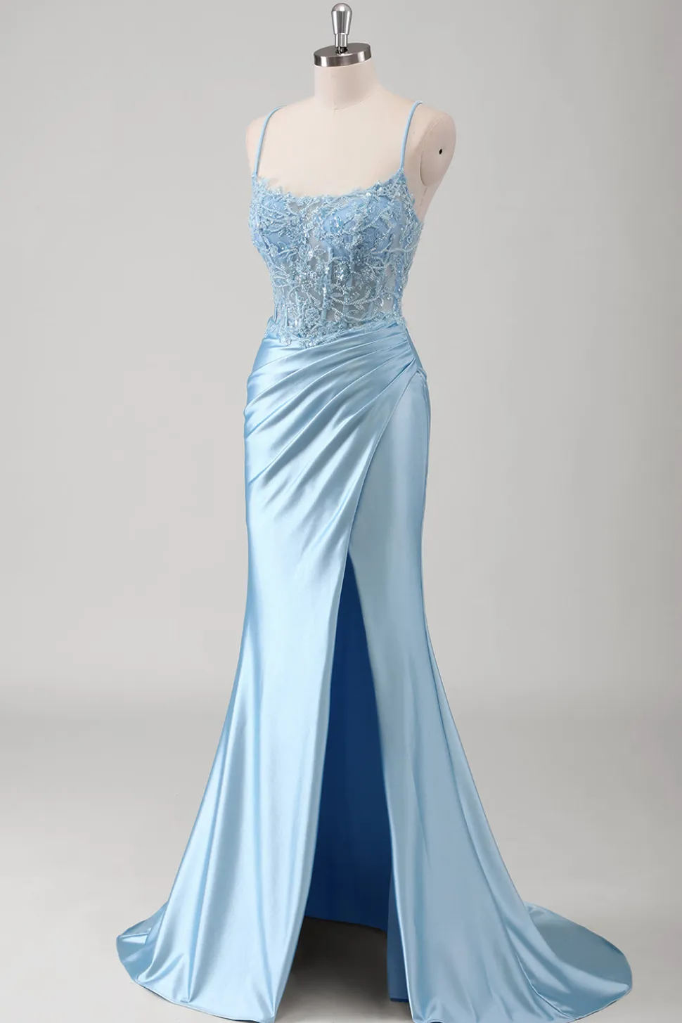 Sereia Azul Corset Espaghetti Correias Appliqued Long Prom Dress
