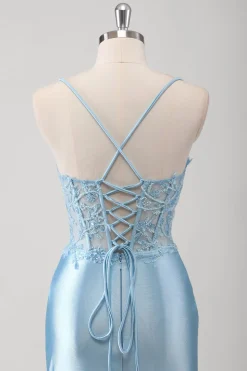Sereia Azul Corset Espaghetti Correias Appliqued Long Prom Dress