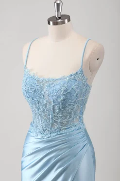 Sereia Azul Corset Espaghetti Correias Appliqued Long Prom Dress