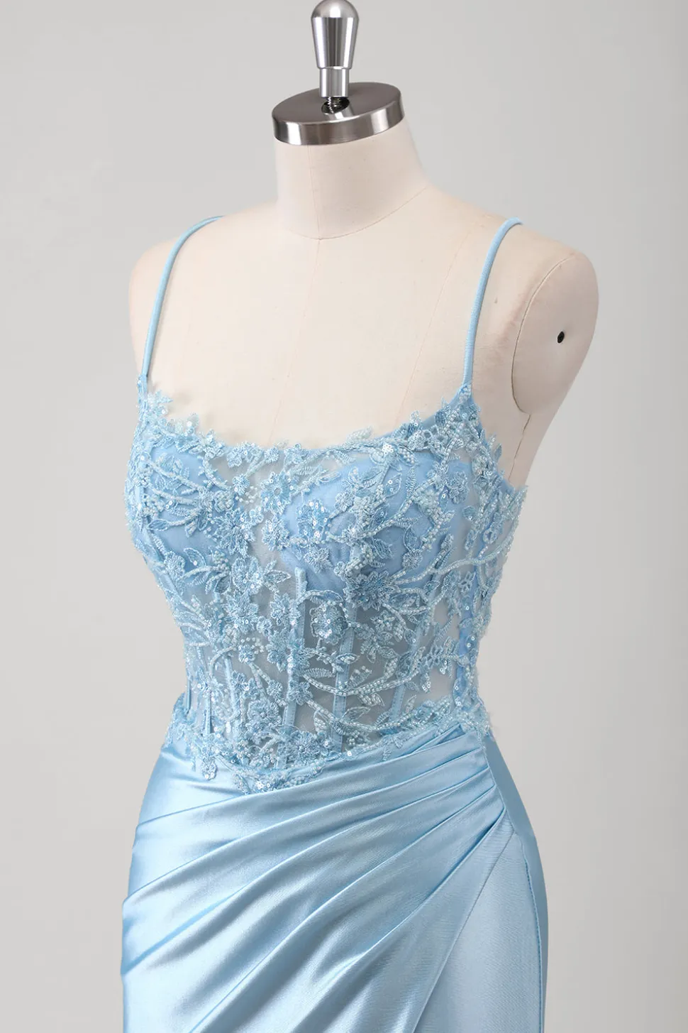Sereia Azul Corset Espaghetti Correias Appliqued Long Prom Dress