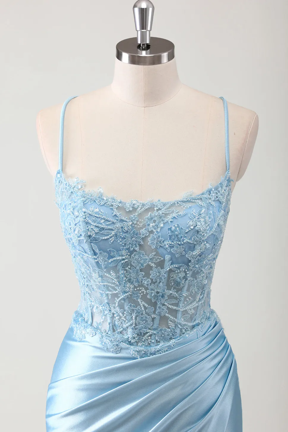 Sereia Azul Corset Espaghetti Correias Appliqued Long Prom Dress