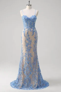 Sereia Azul Corset Esparguete Correias Longo Vestido de Baile Com Lantejoulas
