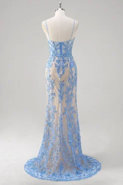 Sereia Azul Corset Esparguete Correias Longo Vestido de Baile Com Lantejoulas