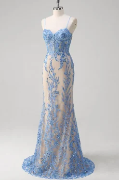 Sereia Azul Corset Esparguete Correias Longo Vestido de Baile Com Lantejoulas