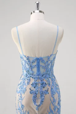 Sereia Azul Corset Esparguete Correias Longo Vestido de Baile Com Lantejoulas