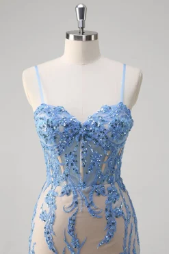 Sereia Azul Corset Esparguete Correias Longo Vestido de Baile Com Lantejoulas