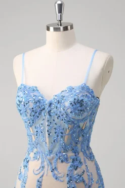 Sereia Azul Corset Esparguete Correias Longo Vestido de Baile Com Lantejoulas