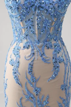 Sereia Azul Corset Esparguete Correias Longo Vestido de Baile Com Lantejoulas