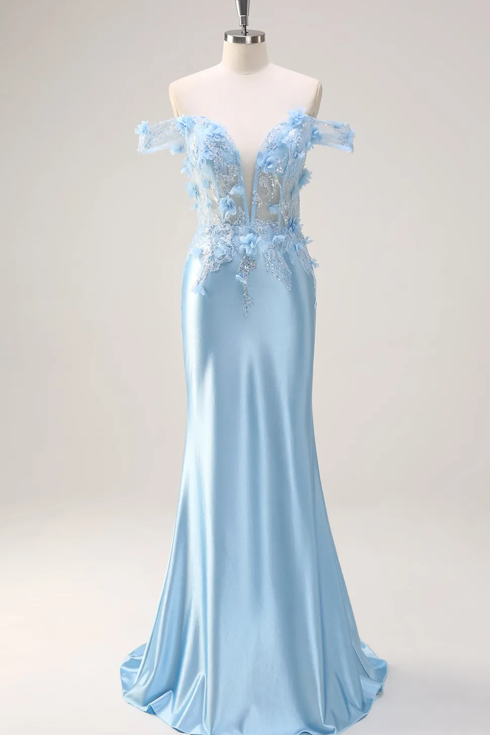 Sereia Azul Céu Fora do Ombro Corset Vestido Floral Longo Baile de Formatura com Flores 3D