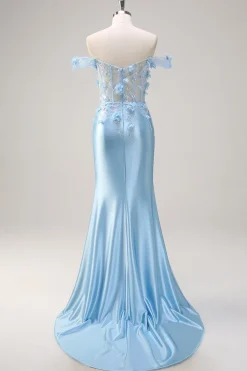 Sereia Azul Céu Fora do Ombro Corset Vestido Floral Longo Baile de Formatura com Flores 3D