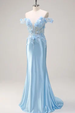 Sereia Azul Céu Fora do Ombro Corset Vestido Floral Longo Baile de Formatura com Flores 3D