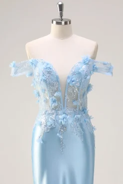 Sereia Azul Céu Fora do Ombro Corset Vestido Floral Longo Baile de Formatura com Flores 3D