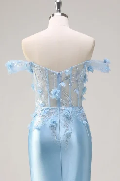 Sereia Azul Céu Fora do Ombro Corset Vestido Floral Longo Baile de Formatura com Flores 3D