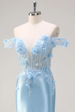 Sereia Azul Céu Fora do Ombro Corset Vestido Floral Longo Baile de Formatura com Flores 3D