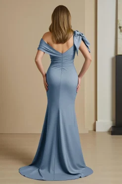 Sereia Azul Empoeirada Cetim Fora O Ombro Mãe do Vestido da Noiva com Arco