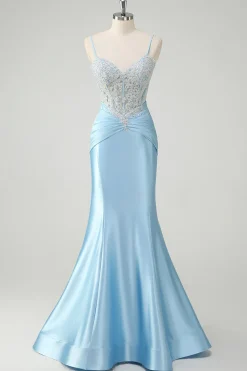 Sereia Azul Esparguete Correias Corset Appliqued Prom Dress