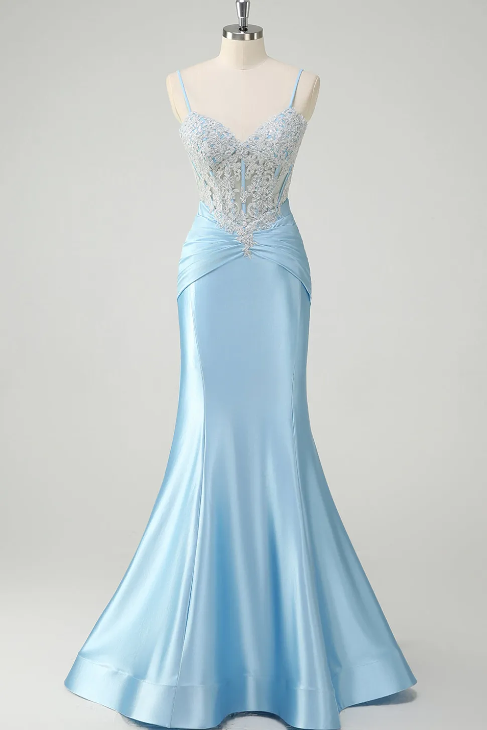 Sereia Azul Esparguete Correias Corset Appliqued Prom Dress