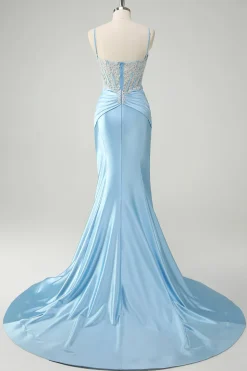 Sereia Azul Esparguete Correias Corset Appliqued Prom Dress