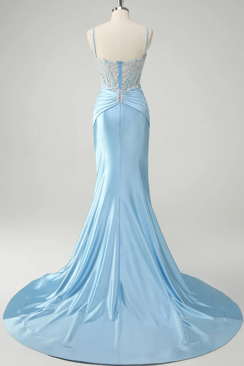 Sereia Azul Esparguete Correias Corset Appliqued Prom Dress