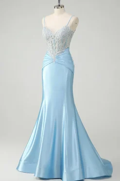 Sereia Azul Esparguete Correias Corset Appliqued Prom Dress