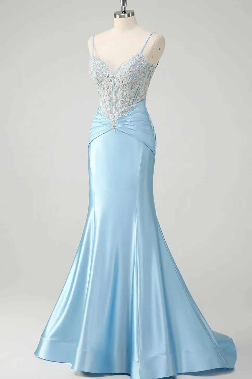 Sereia Azul Esparguete Correias Corset Appliqued Prom Dress