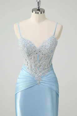 Sereia Azul Esparguete Correias Corset Appliqued Prom Dress