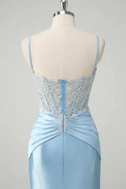 Sereia Azul Esparguete Correias Corset Appliqued Prom Dress