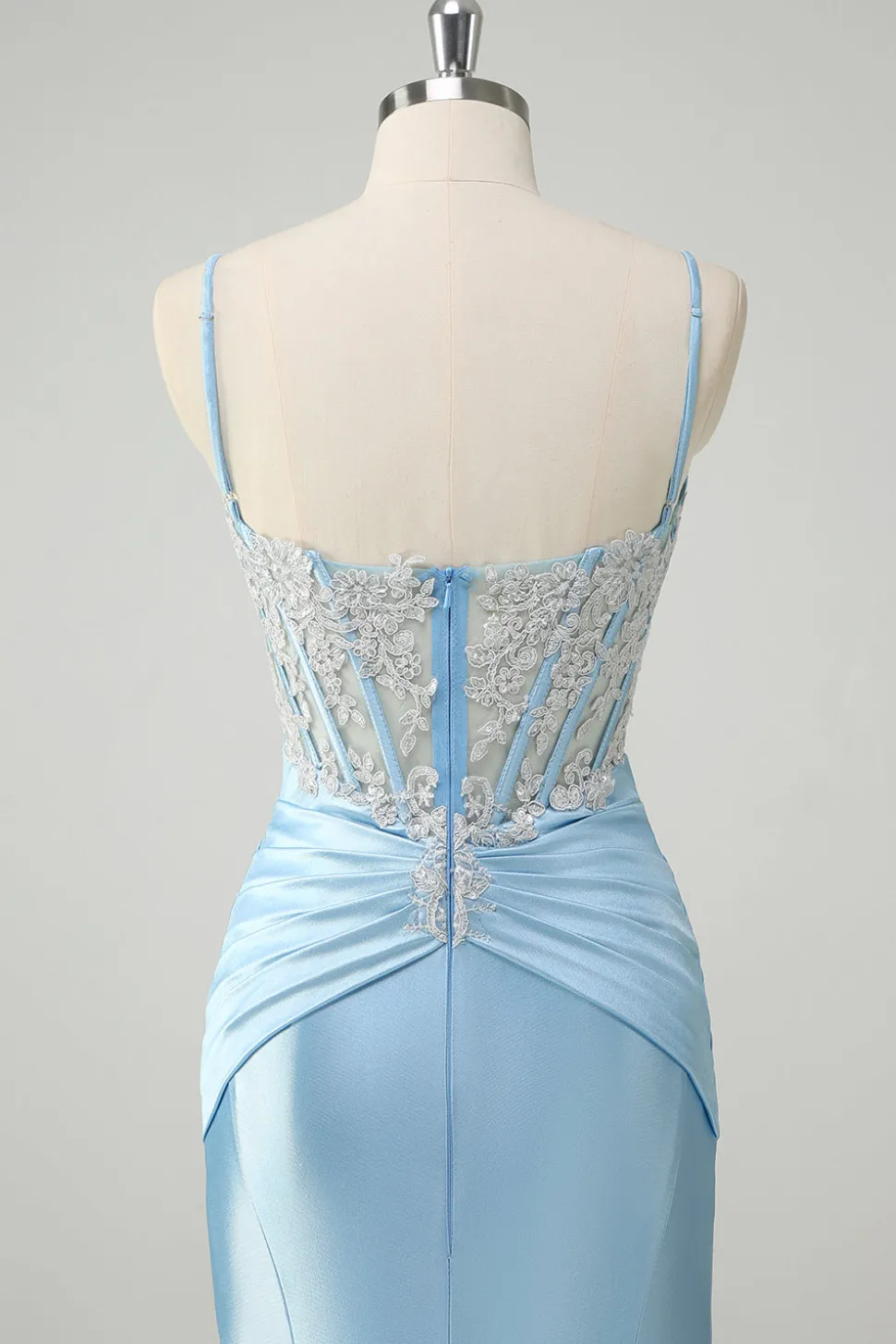 Sereia Azul Esparguete Correias Corset Appliqued Prom Dress