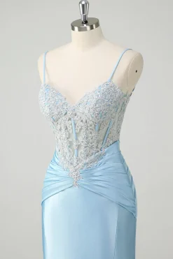Sereia Azul Esparguete Correias Corset Appliqued Prom Dress