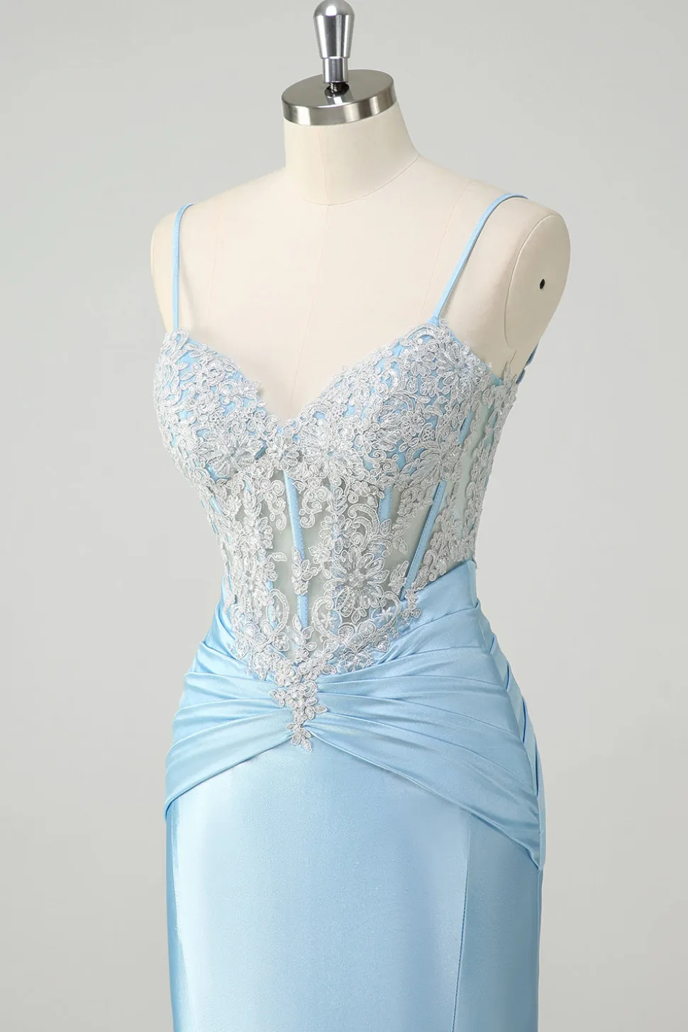 Sereia Azul Esparguete Correias Corset Appliqued Prom Dress