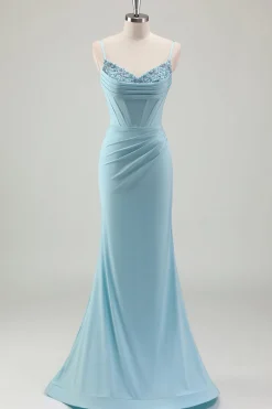 Sereia Azul Esparguete Correias Cetim Long Corset Prom Dress com Missangas