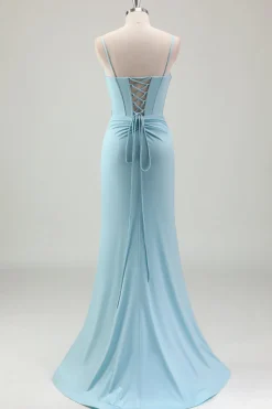 Sereia Azul Esparguete Correias Cetim Long Corset Prom Dress com Missangas