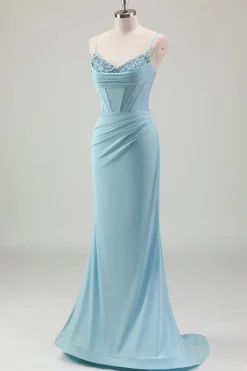 Sereia Azul Esparguete Correias Cetim Long Corset Prom Dress com Missangas
