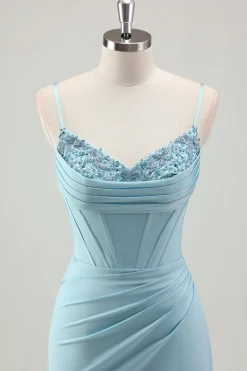 Sereia Azul Esparguete Correias Cetim Long Corset Prom Dress com Missangas