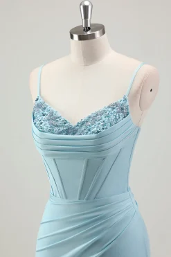 Sereia Azul Esparguete Correias Cetim Long Corset Prom Dress com Missangas