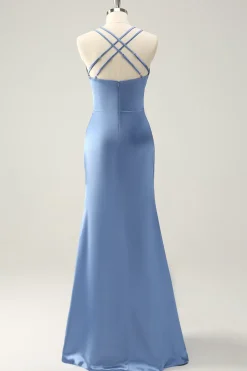 Sereia Azul Esparguete Correias Cetim Vestido Madrinha com Fenda